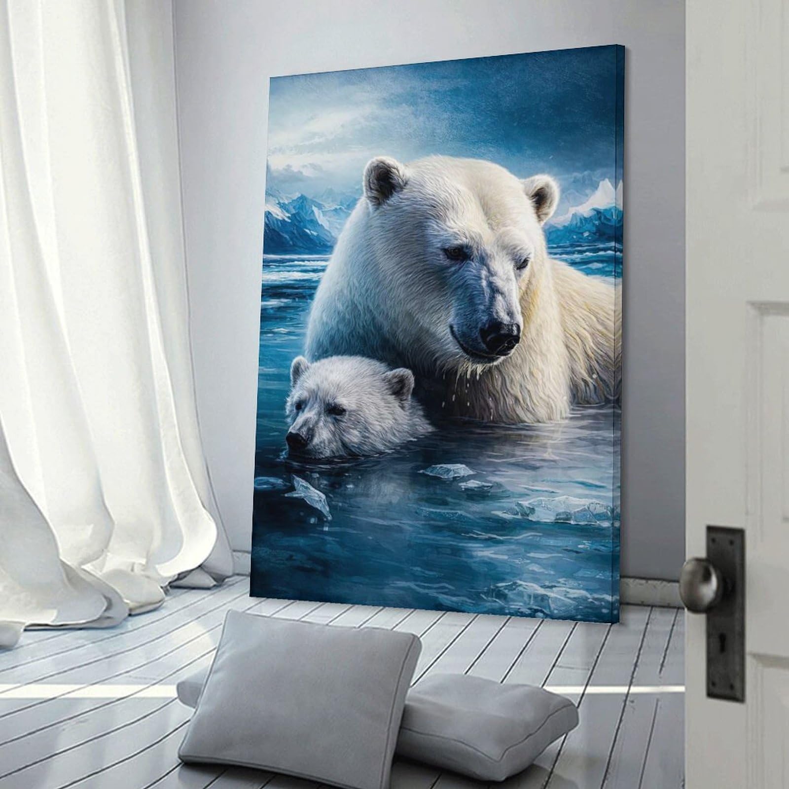 Junmoney Home Decor Wall Art Polar Bears in Icy Waters, 24x36inch(60x90cm), for Flats, Guest Rooms Or Compact Rooms, Wall Decor with Flexible Room Appeal