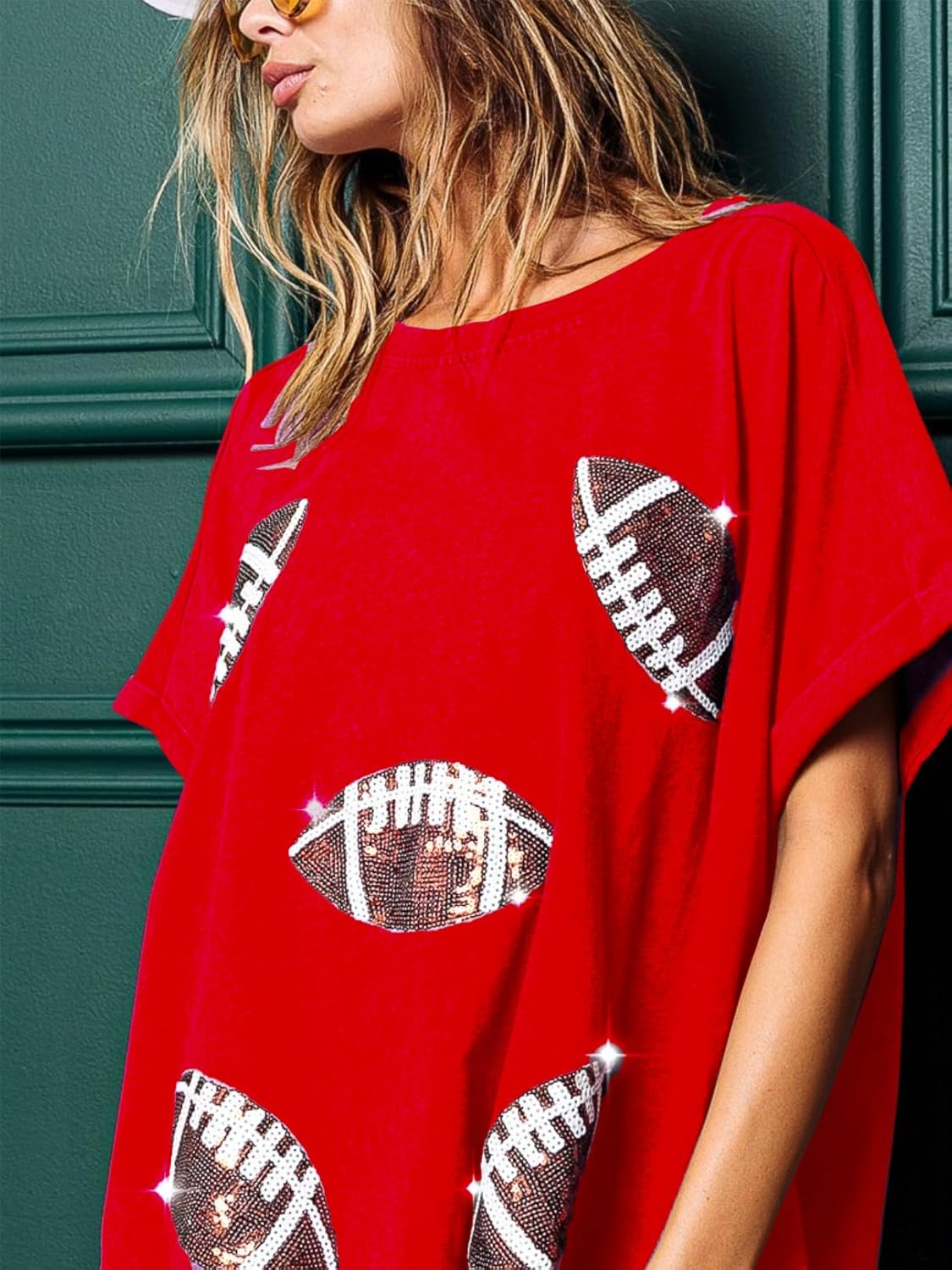 Womens Sparkle Football Sequin Rugby Tee Game Day Pullover T-Shirt Crewneck Oversized Short Sleeve Washed Tops - Image 3