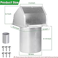 Vista 2 de Ventilación de Pared con Capucha de 10 Pulgadas con Rejilla y Amortiguador, Cubierta de Ventilación de Escape de Pared Exterior para Campana