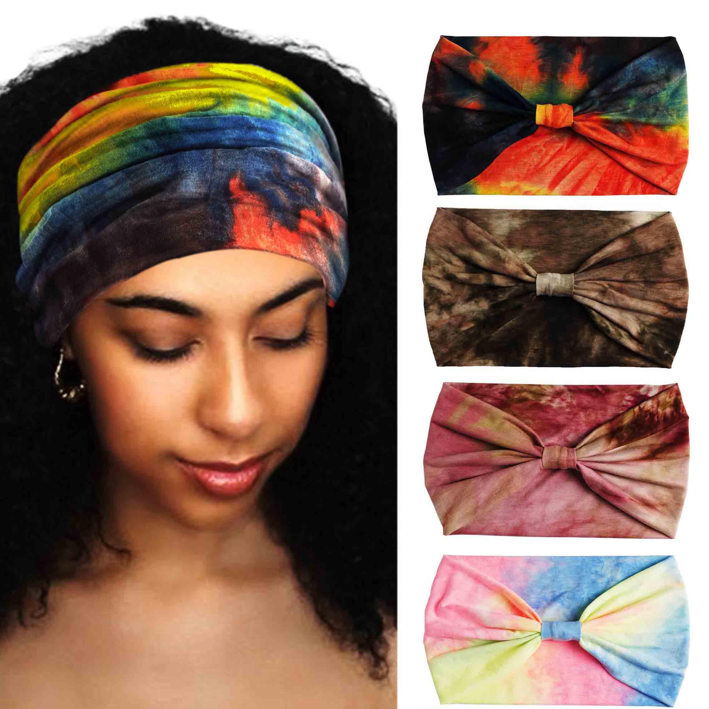 Fasce larghe elasticizzate annodate per capelli, elastiche, per yoga, allenamento, corsa, sport, tie dye, grandi fasce africane per la testa, per donne, 4 pezzi