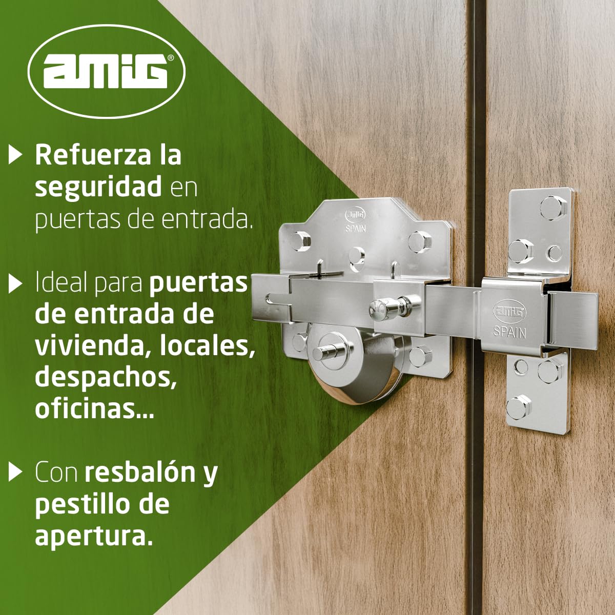 Amig - Cerrojo de Sobreponer con Resbalón de Alta Seguridad - Cilindro 50 mm - 90 x 154 mm - Acero - Cromado Brillo - Antibumping y Antitaladro - Cierre a la Izquierda