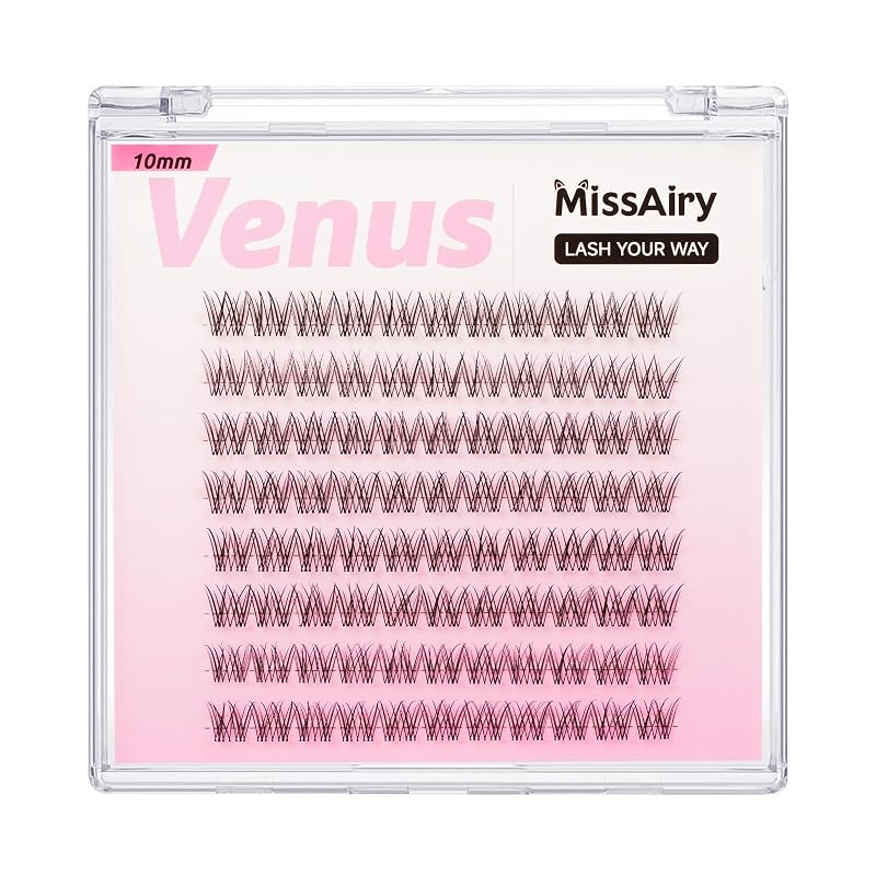 Cílios Postiços em Tufo Venus MissAiry 10 mm D Curl, Cílios Finos com Faixa Transparente
