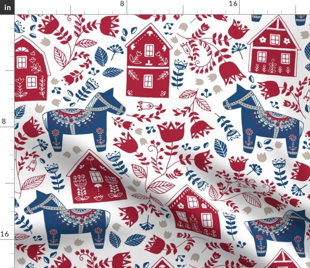 Spoonflower Fabric - Swedish Folk Art Dala Horse Scandinavian Red Blue Printed on Petal Signature Cotton Fabric by The Yard - Sewing Quilting Apparel Crafts Decor