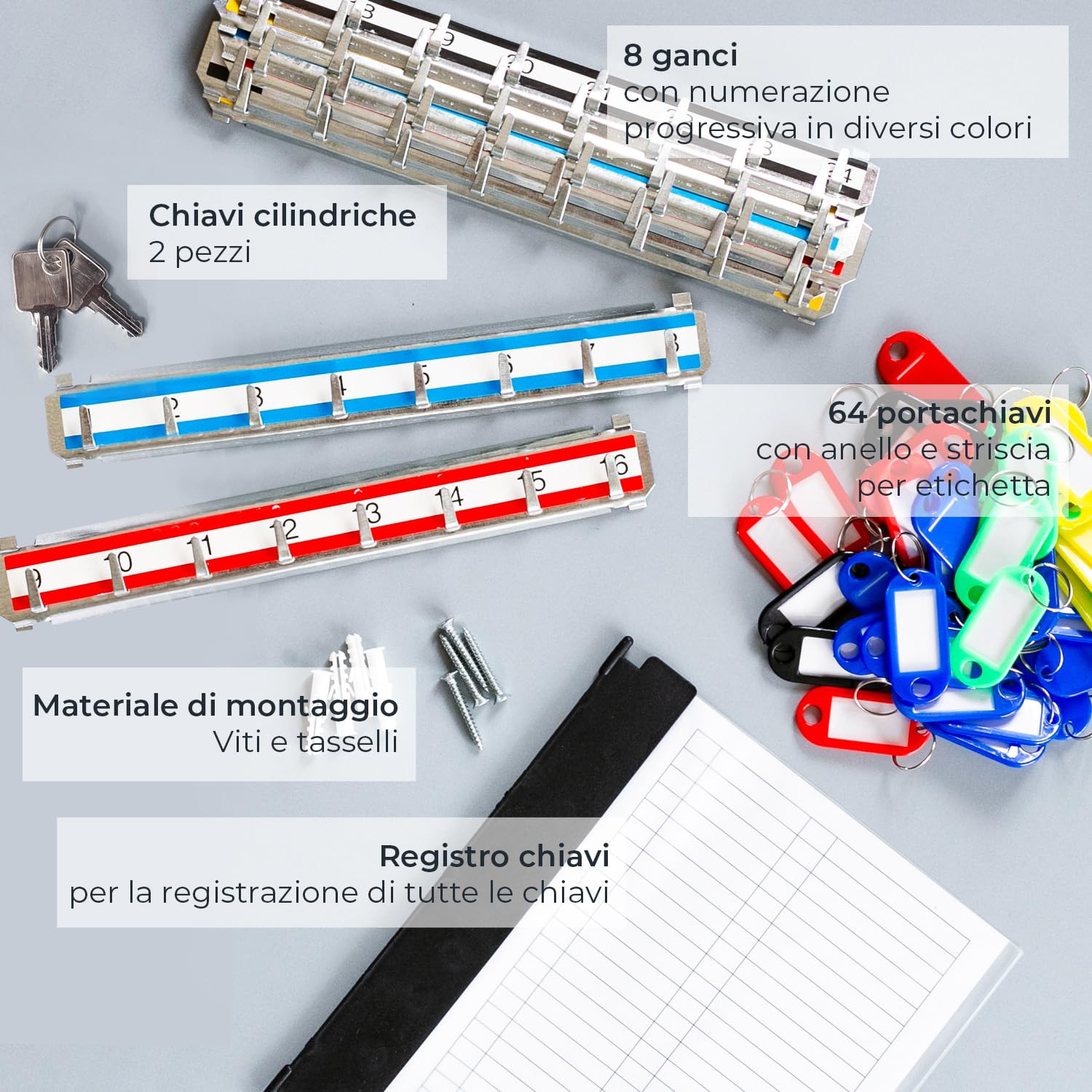 HMF Armadietto portachiavi in acciaio, Cassetta portachiavi con serratura per ufficio, amministrazione o parco veicoli | 64 ganci portachiavi | 45 x 30 x 8 cm | Grigio chiaro