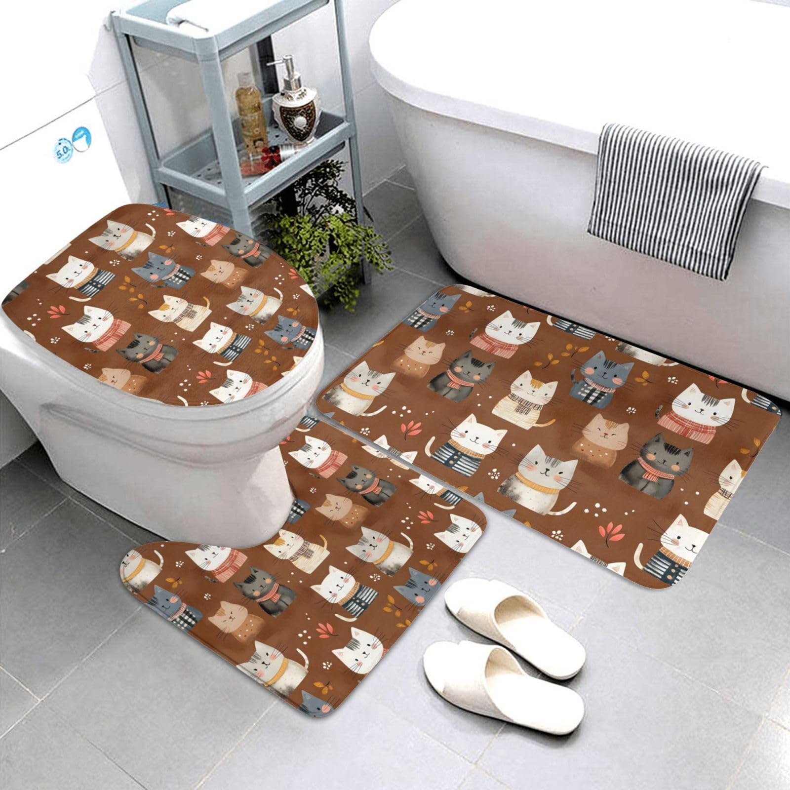 Tapis de salle de bain lot de 3 avec motif chat mignon, ensemble lavable doux