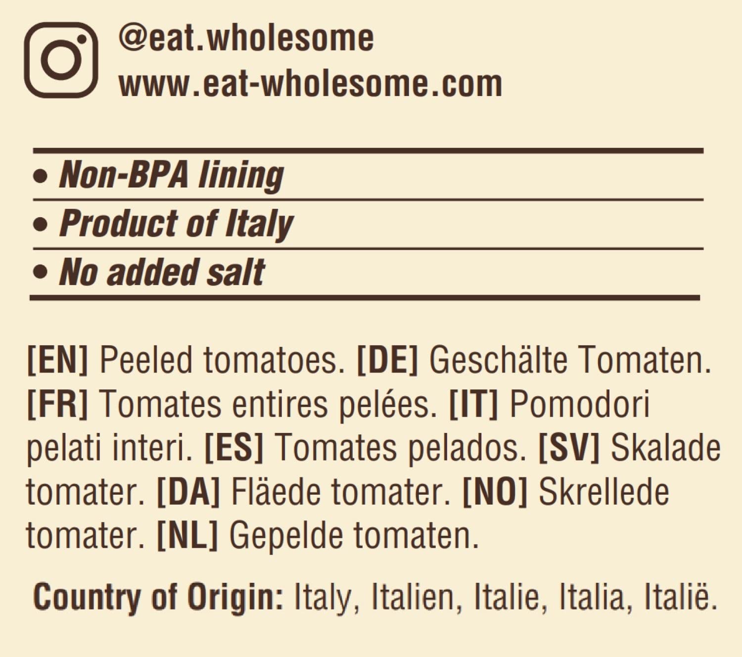Eat Wholesome Tomates Prunes Pelées Biologiques, 400g (Paquet De 12) - 100% Naturel, Tomates Italiennes, Sans Sucres Ni Sels Ajoutés, Vegan, Doublure Sans Bpa