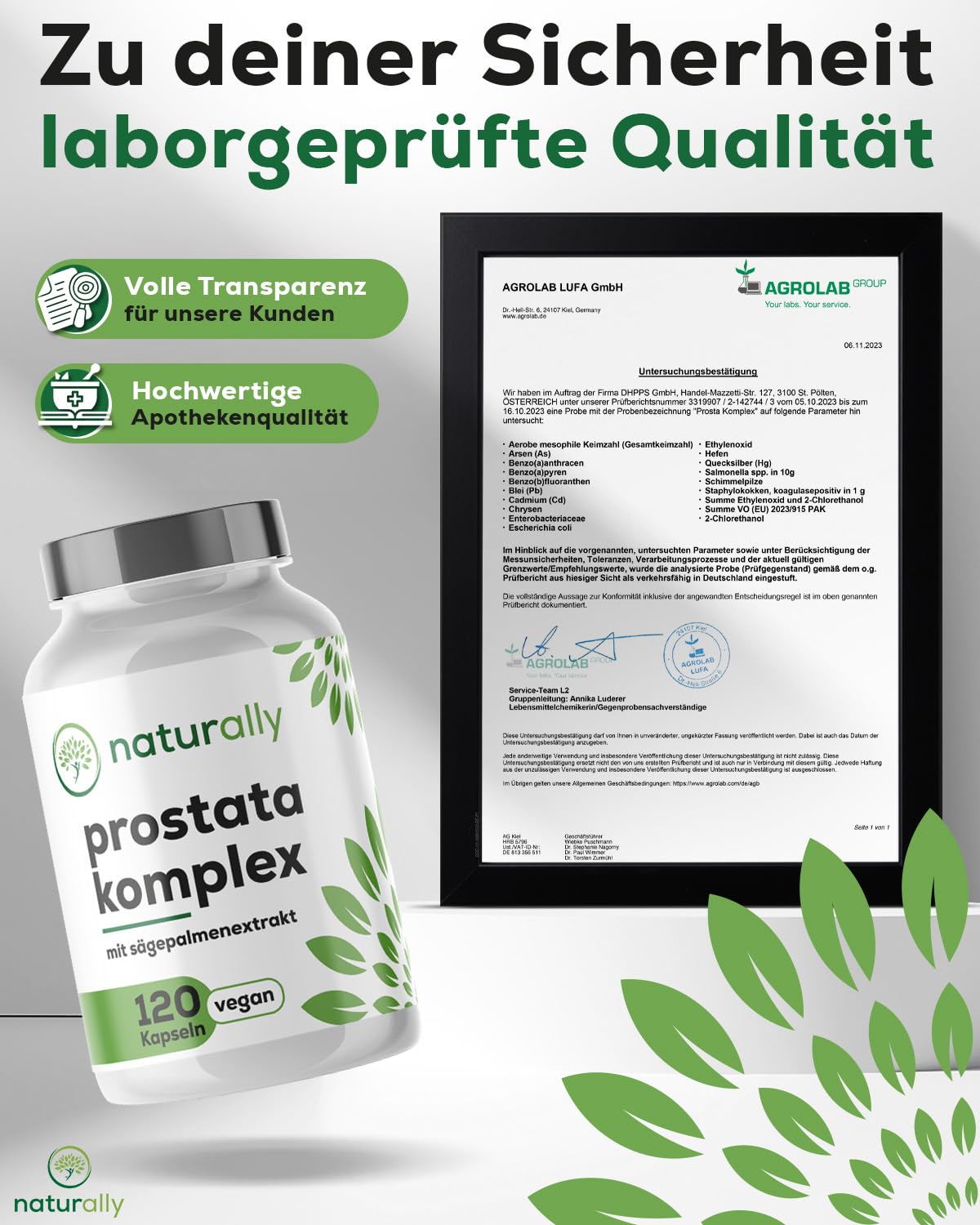 naturally Prostata Komplex Kapseln mit Sägepalmenextrakt hochdosiert – Prostata Kapseln mit Kürbiskern, Brennnessel, Vitamin E, Zink, Selen für Männer [120 Stk] – vegan, prosta vit, Sägepalme