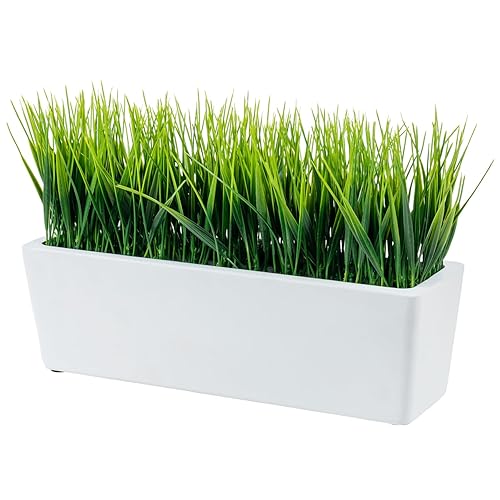 MyGift 14 Inch Artificial Green Grass Plant in Modern White