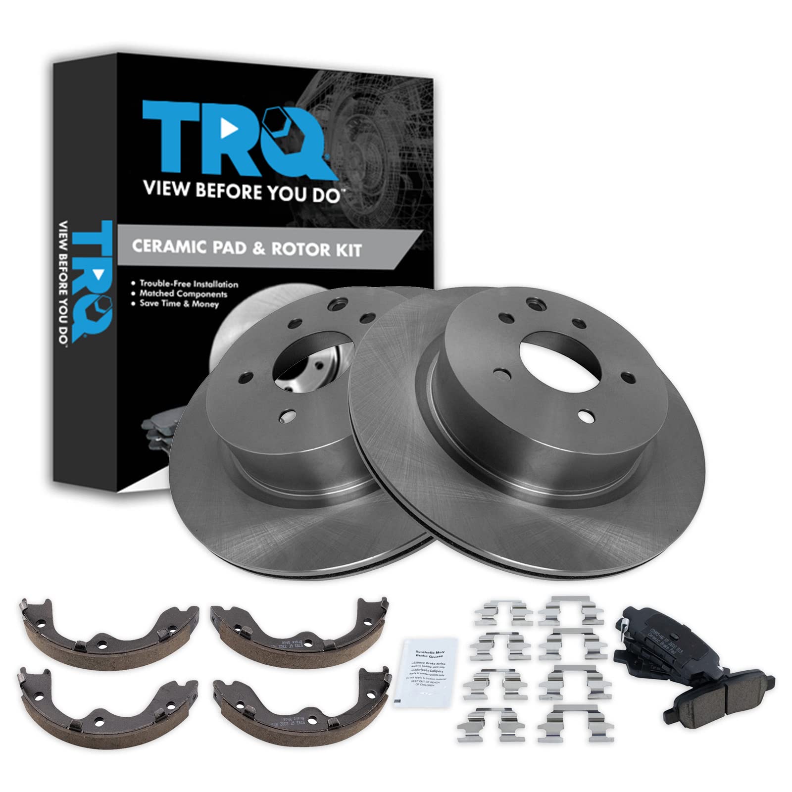 TRQ Rear Brake Pad and Rotor Set Ceramic Rotors Parking Shoe Compatible with 2009-2014 2009-2019 Nissan Maxima