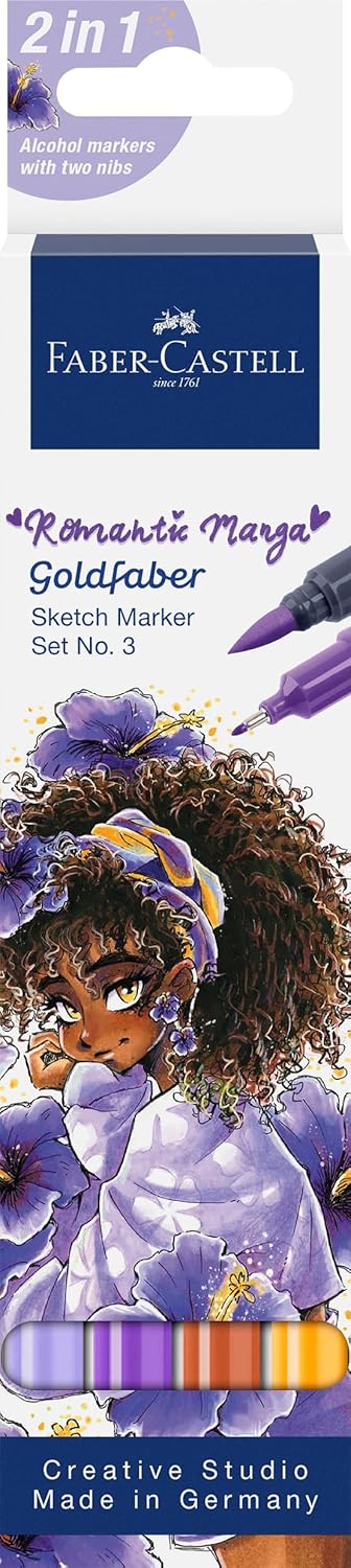 Faber-Castell Goldfaber Sketch 164733 Marker Set, 4 Alcohol Markers with Brush Sharpener and Fineliner Tip, Romantic Manga Collection Set No. 3