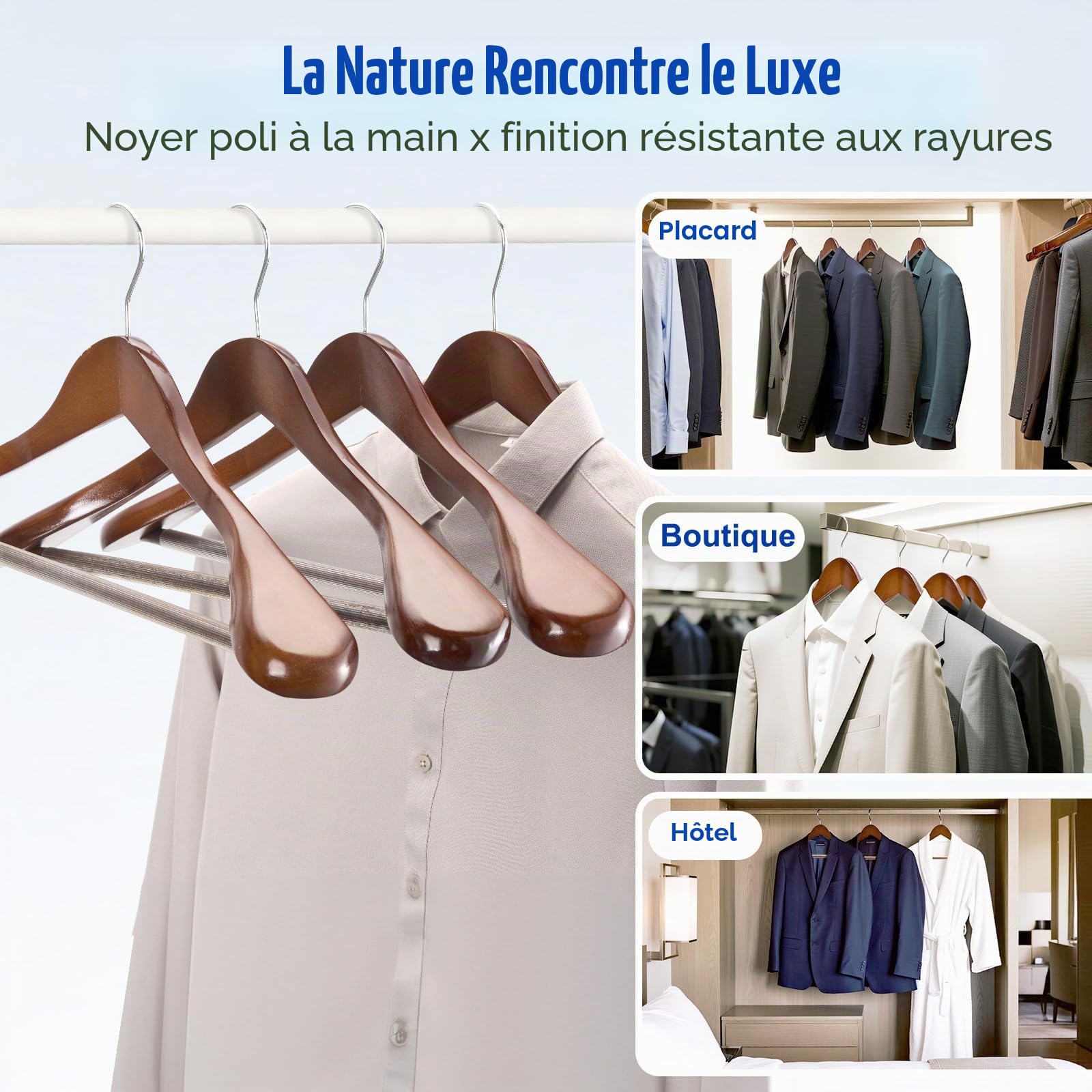 HOUSE DAY Cintres Bois 6 Pièces, Vintage, Cintre à Épaule Large pour Hanger Vêtements Adultes, Cintre Manteau avec Crochet Rotatif 360° et Support Anti-Dérapant pour Vestes, Chemises, Pantalons