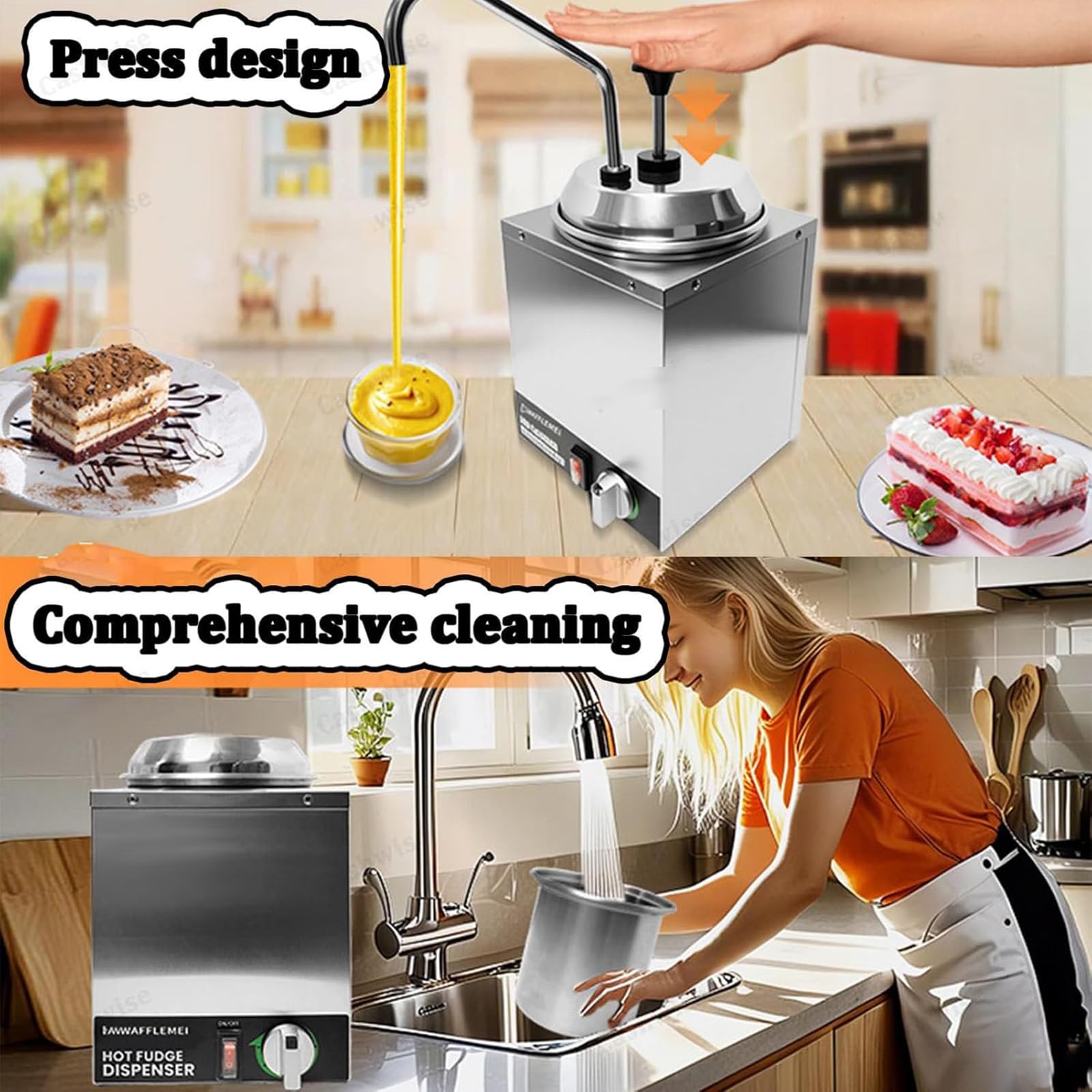 Dispensador eléctrico de queso nacho, calentador de caramelos calientes, aislamiento térmico de 360°, control de temperatura, extraíble para limpieza, diseño antideslizante para cafetería y fiesta en