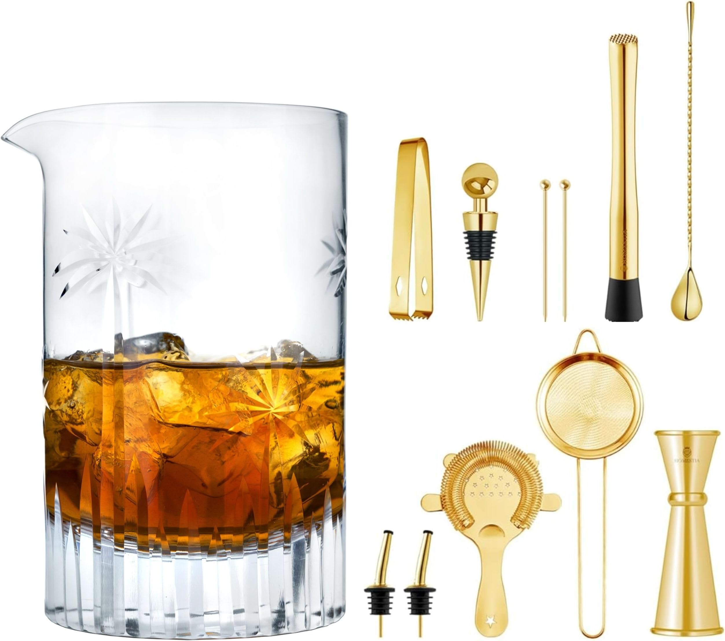 Cocktail Mixing Glass, Old Fashioned Kit, Large 24 oz Crystal Cocktail Mixer for Bartenders, 12-Piece Home Bar Accessories Set for Manhattans and Other Whiskey Drinks (Gold)