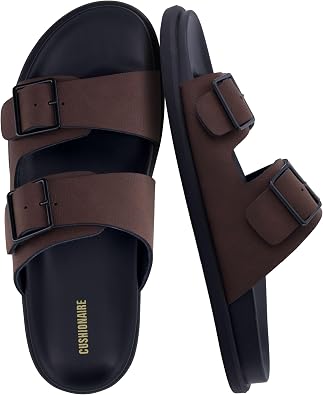 CUSHIONAIRE Alpha 100% Genuine Leather Mens Sandals, Casual Slip On Flat Men Slides with Adjustable Buckles
