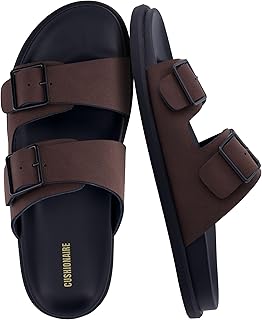 CUSHIONAIRE Alpha 100% Genuine Leather Mens Sandals, Casual Slip On Flat Men Slides with Adjustable Buckles
