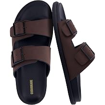 CUSHIONAIRE Alpha 100% Genuine Leather Mens Sandals, Casual Slip On Flat Men Slides with Adjustable Buckles