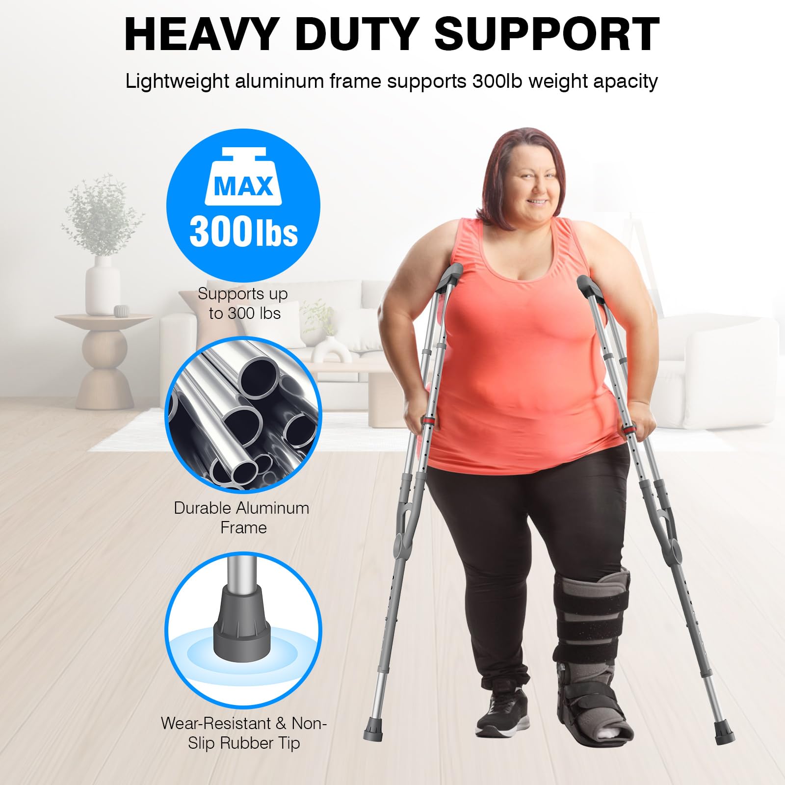 Adjustable Crutches with Padded Grips Height Adjustable Mobility Aid, Aluminum Underarm Support 330LB Adjustable Height 38.2-61.8 in Non-Slip Tips, Tool-Free Setup One Pair — Amazon image 4