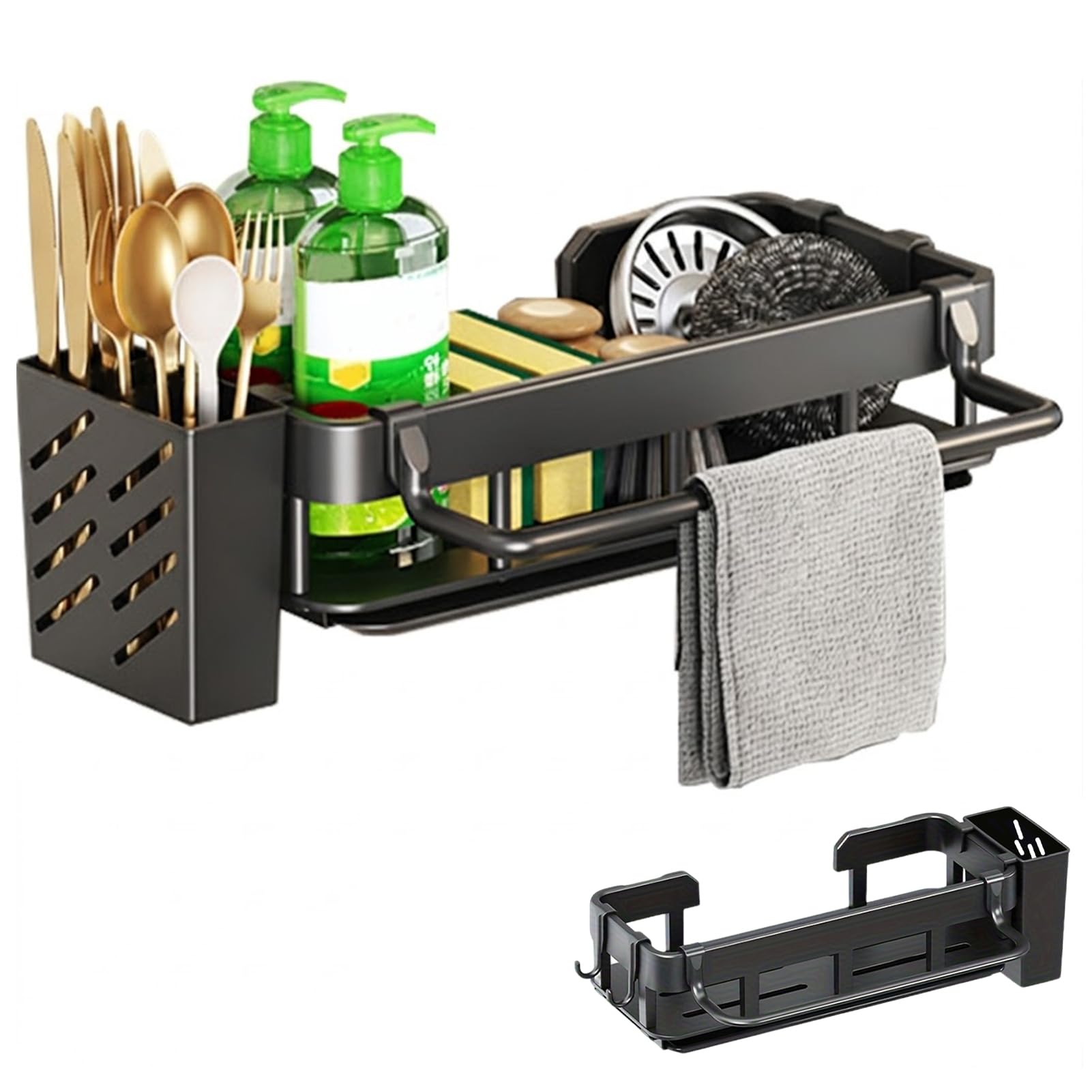ZESHGON Kitchen Sink Caddy Sponge Holder with Tray, Stainless Steel Sink Tidy Organiser Rack with Brush and Dishcloth Holder,Towel Holder and Divider Gadgets Organizer for Counter, Black