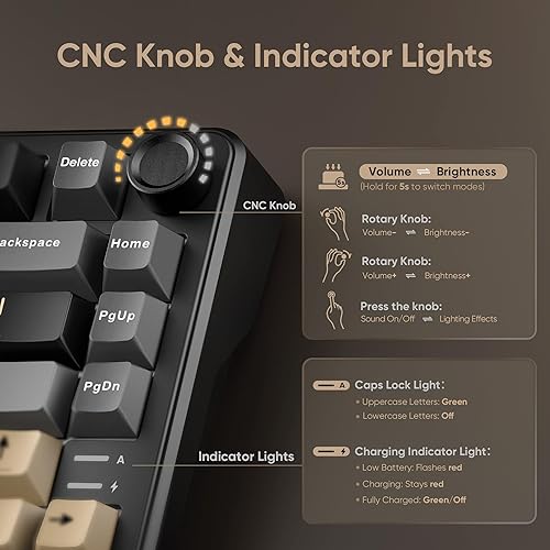 Miniatura 3 de RedThunder Teclado mecánico inalámbrico K75, perilla CNC, trimodo BT5.0/2.4GHz/USB-C intercambiable en caliente personalizado, interruptores Negro