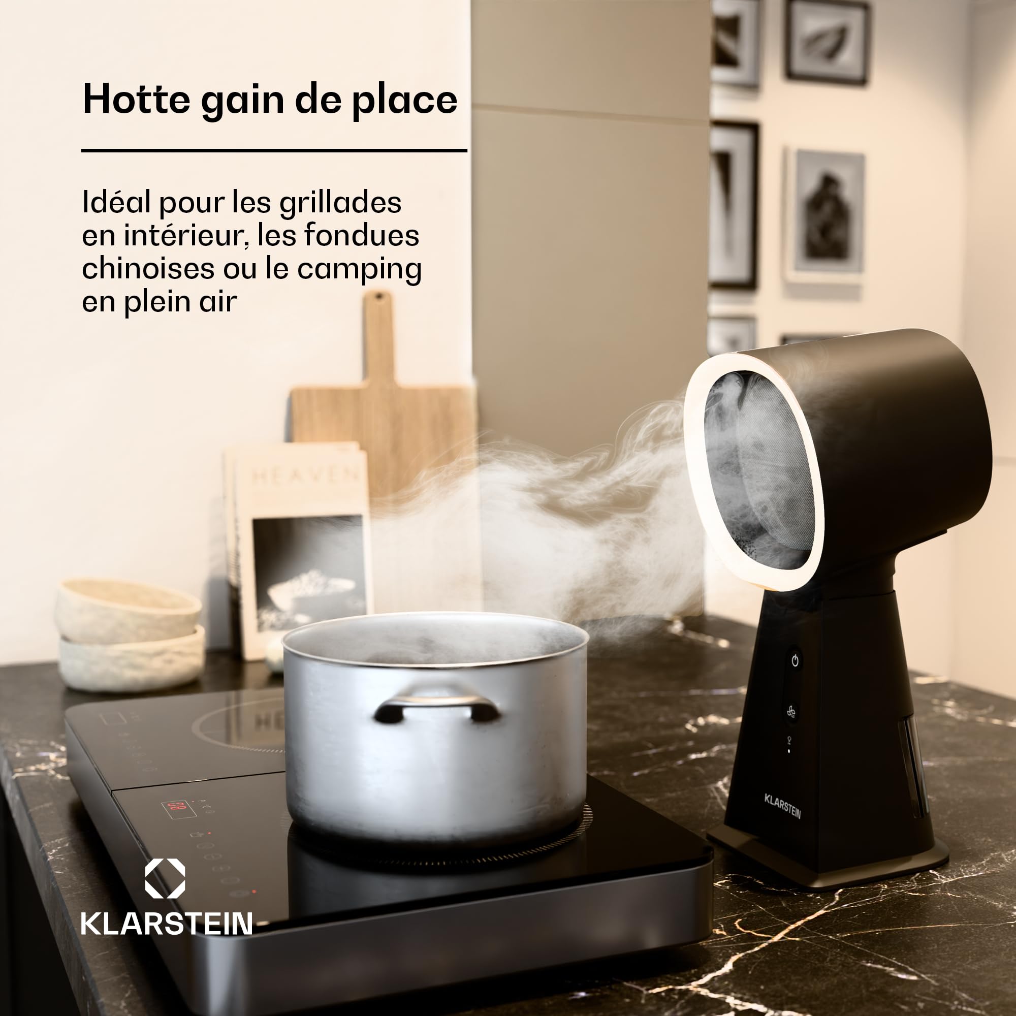 KLARSTEIN Mini Hotte Aspirante Portable – Compacte & Puissante 200 m³/h, Filtre Multicouche, Base Antidérapante, Idéale Petites Cuisines & Espaces Restreints
