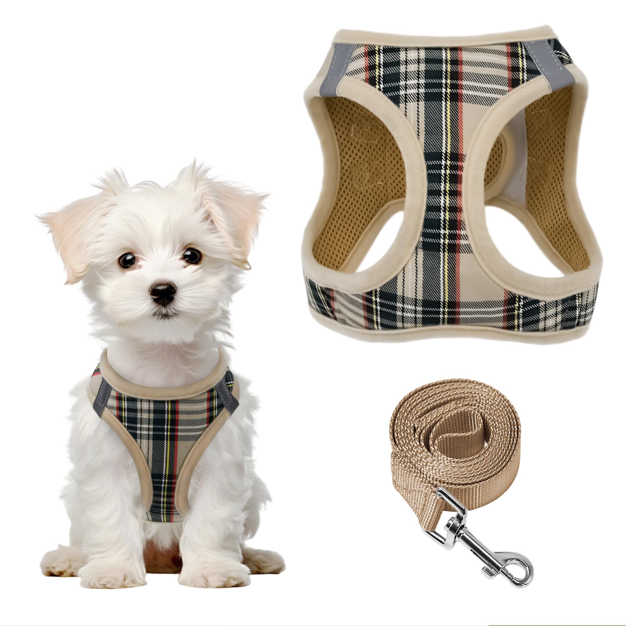 PawSailor Step in Dog Harness and Lead Set Adjustable No Pull Soft Mesh Padded Puppy Harness Reflective Plaid Pattern with Safety Buckle, Easy Walk Pet Vest for Small Dogs and Cats, Beige M
