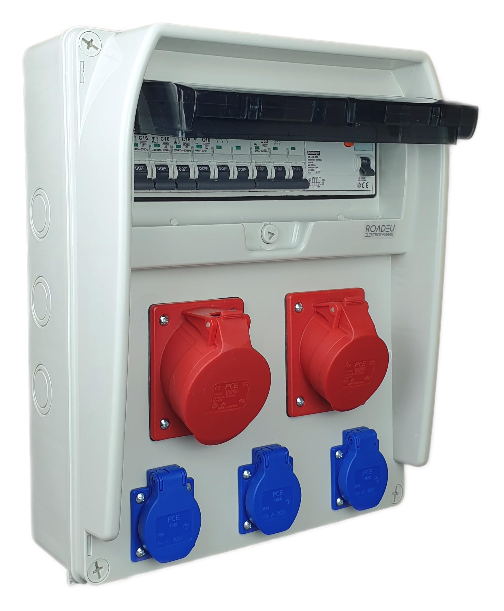 RoadEu - Caja de Distribución Eléctrica - Enchufe 32A y 16A con Schuko 230V - Distribuidor de corriente con interruptores automático y 1x diferencial. IP44 Ideal para Taller, Cobertizo y Fábricas