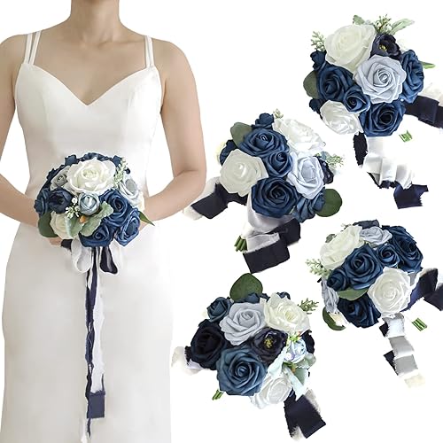Lookein Juego de 4 ramos de dama de honor de 7 pulgadas, ramo de flores artificiales para boda, ceremonia, aniversario, despedida de soltera, azul