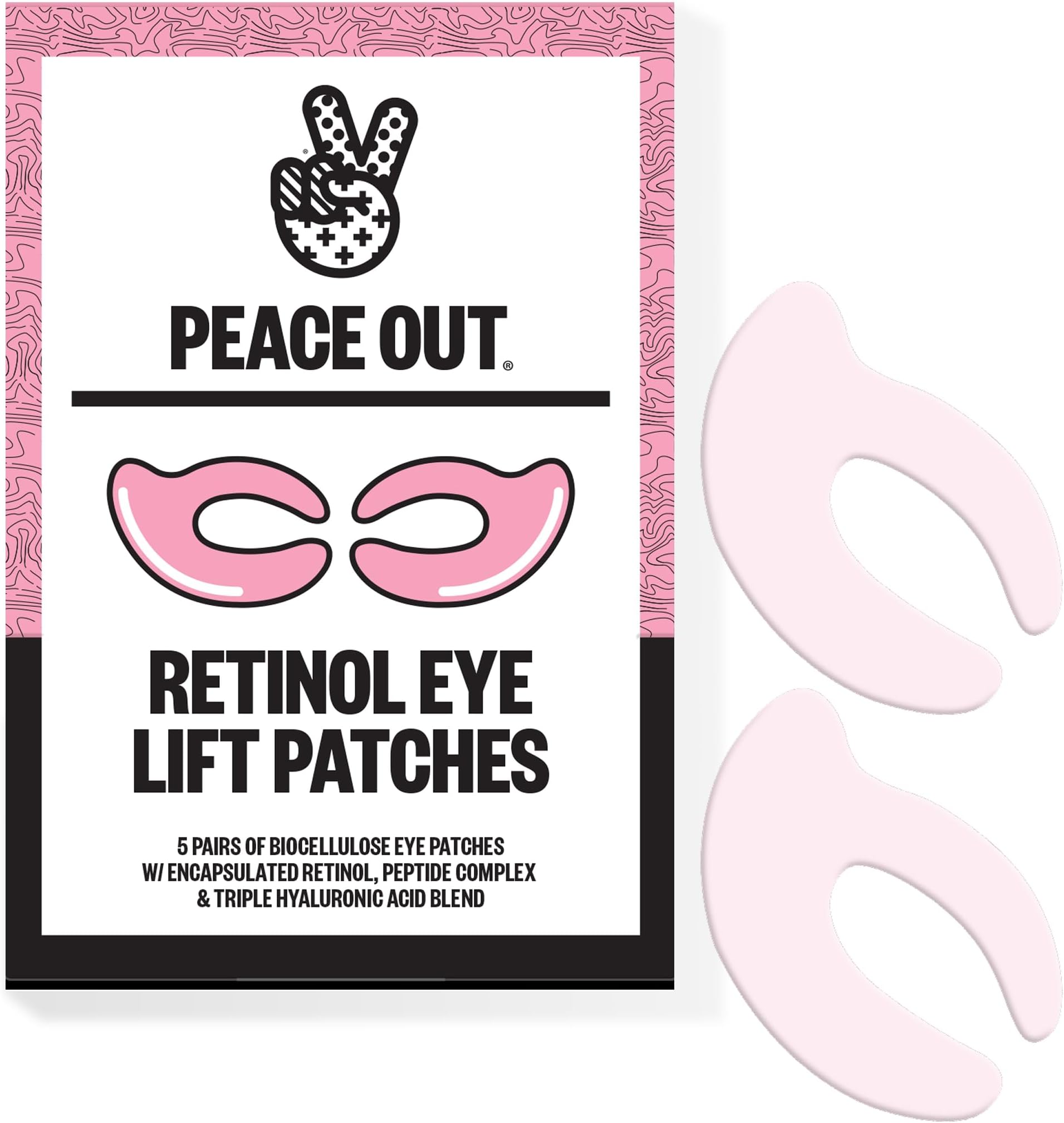 PEACE OUT Retinol Eye Lift Patches, 360ยฐ Biocellulose Mask with Encapsulated Retinol, Peptides, & Hyaluronic Acid for Visibly Improved Fine Lines, Wrinkles (5 Pairs)