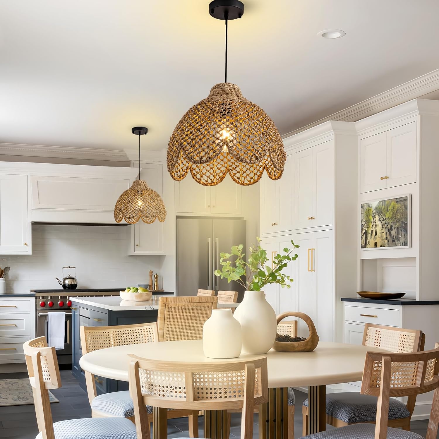 13.8inch Rattan Light, Rustic Hand Woven Wicker Pendant Light Brown Rattan Ceiling Lighting Fixtures for Living Room Dining Room Bedroom Kitchen Island Hallway,1-Light JDC-F009