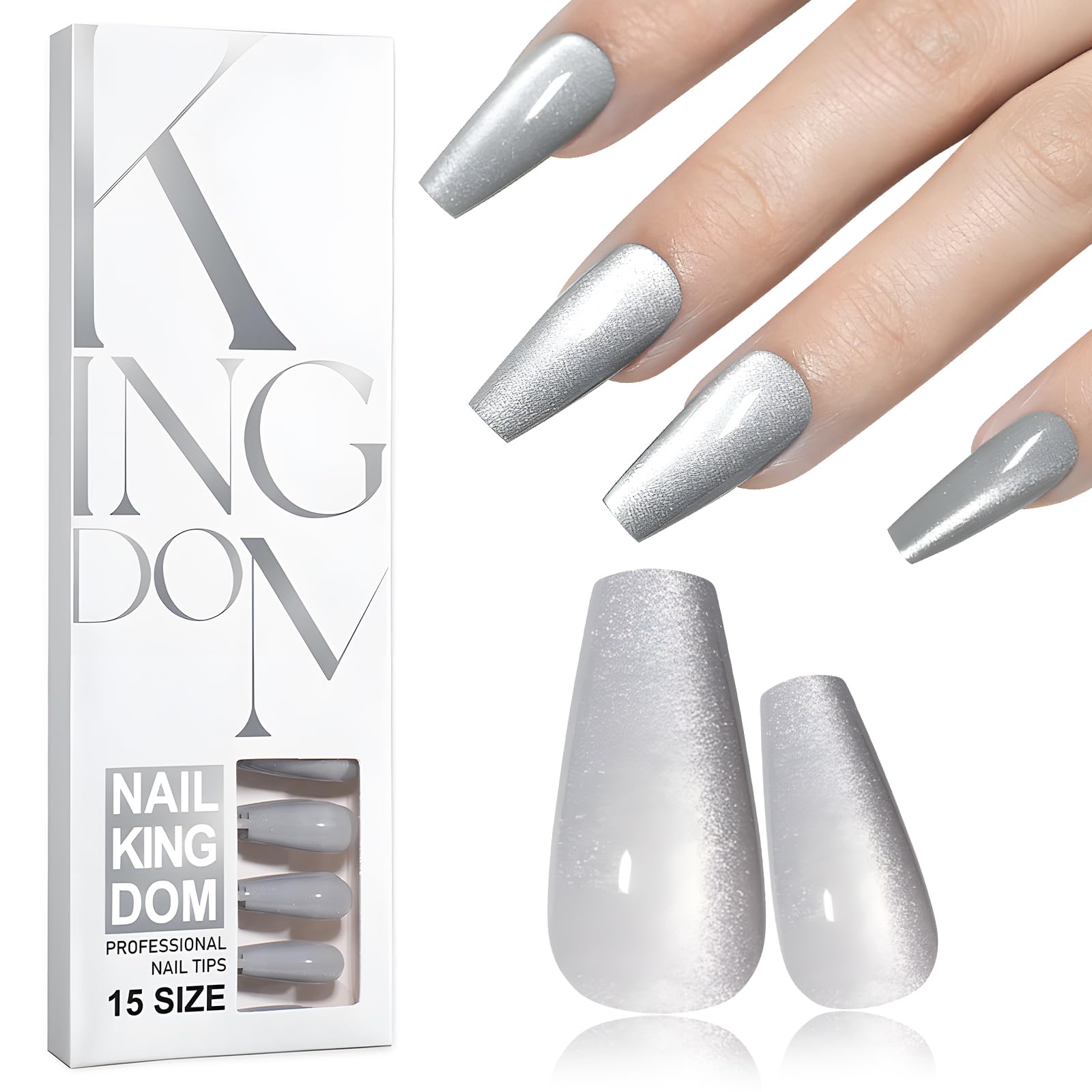 Photo 1 of Lifextol 150pc Cat Eye Press on Nails Long Coffin Fake Nails Press ons Long Nail, Silver Acrylic Nail Glue on Coffin Stick Fingernail for Women Artificial False Fingernails with Adhesive Tabs