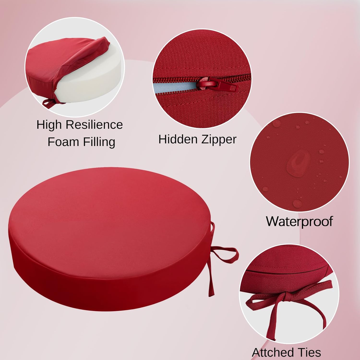 idee-home Outdoor Bistro Chair Cushions, 15”x15”x 3” Thick Outdoor Round Seat Cushions Set of 4 with Ties, Waterproof Round Patio Furniture for Garden 15x3 Inch-Round Lipstick Red 4
