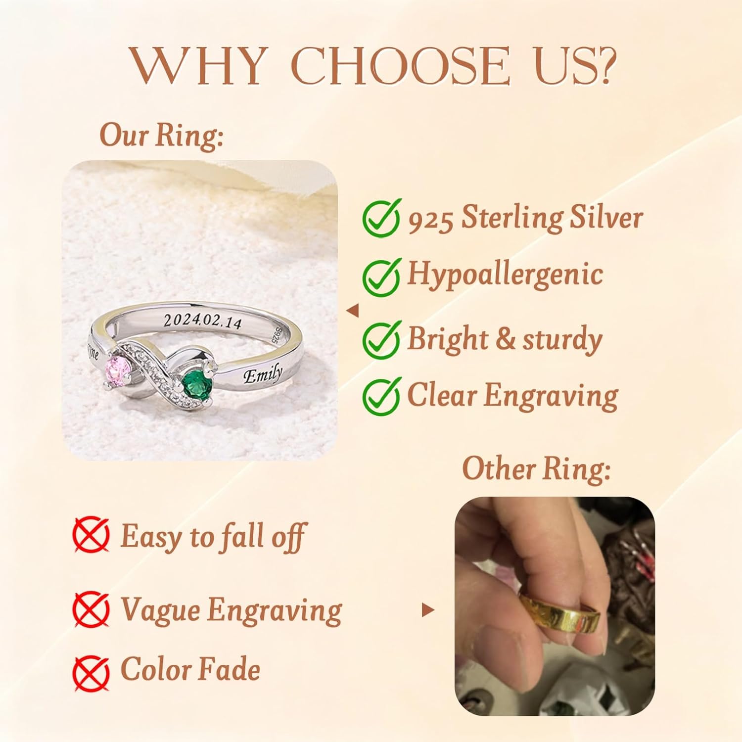 925 Sterling Silver Personalized 2 Birthstones Rings for Women Custom Name Engraved Couple Promise Ring Engagement Wedding Birthday Gifts for Wife Mom Grandma