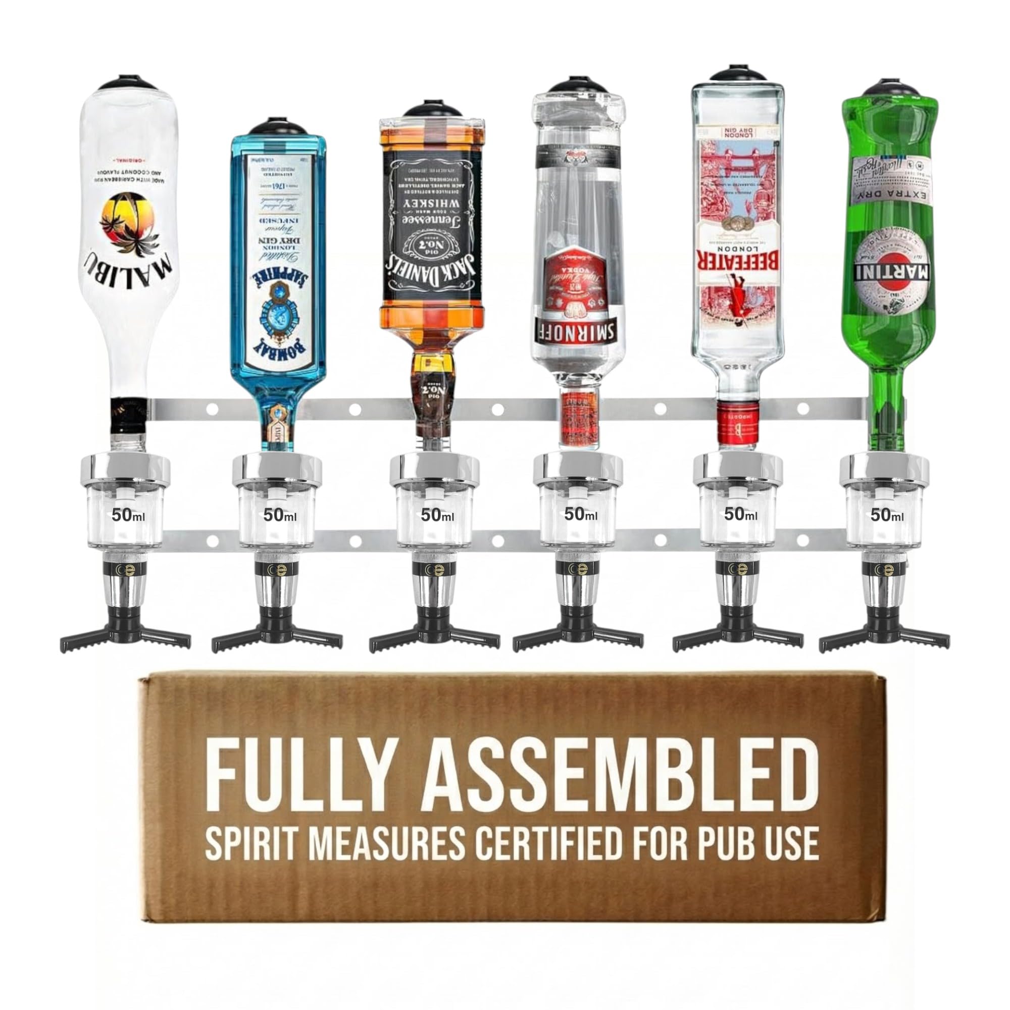 Chabrias Ltd 6 Bottle Black Wall Bar Rail + 50Ml Spirit Optic Measure- Uk Made, Fully Assembled Metal Bracket & Pub Trade Compliant, Traditional Black, Fits 70Cl–1.5L Bottles