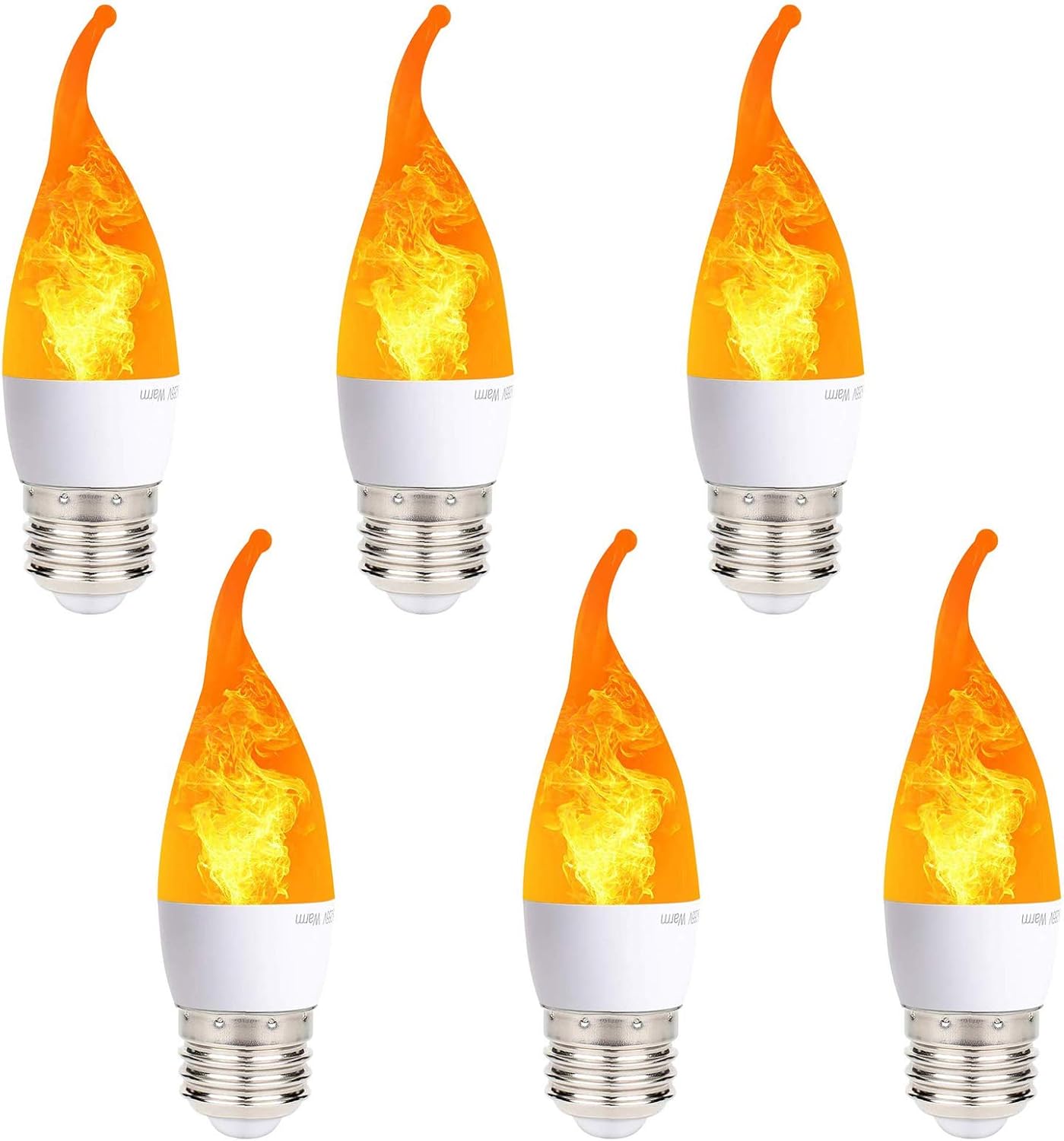 6 Pack LED Flicker Flame Mini Light Bulb, E26 2W Realistic Fire Flickering Effect, 3 Lighting Modes Simulated Emulation/General/Breathing, for Indoor Outdoor Home Hotel Bar Party Decoration-Bent Tip