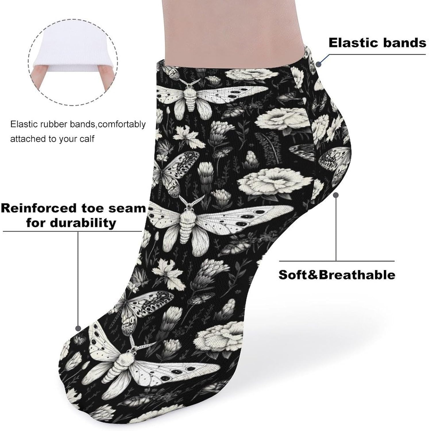 Death Moth Flowers Ankle Socks for Men Women Low Cut Crew Sock Casual Sports Clothing