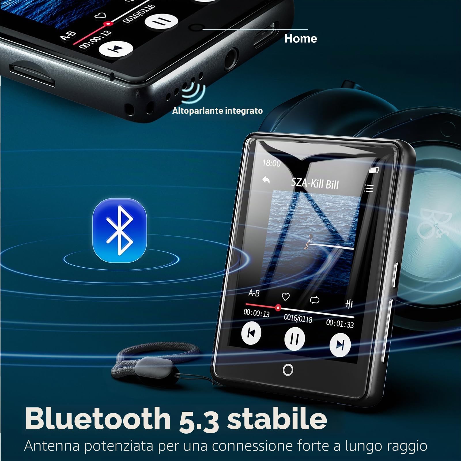 Lettore MP3 da 64 GB, Bluetooth 5.3, touch screen da 2,8 pollici, cassa in zinco, suono e altoparlante Hi-Fi, durata della batteria di 48 ore, rumore bianco (18 suoni), cuffie e custodia, espandibile