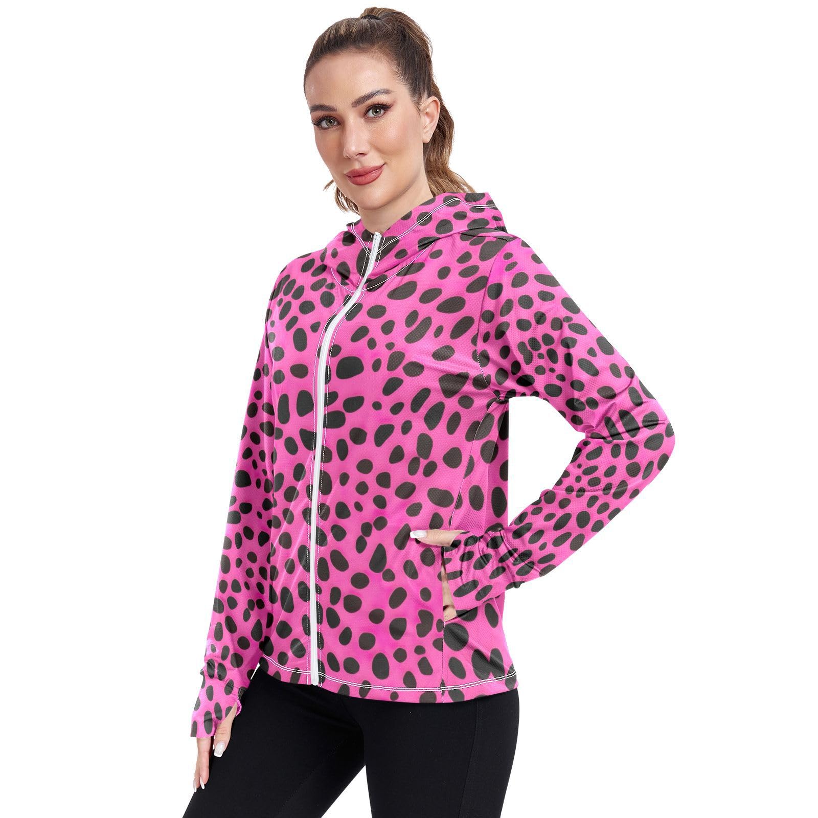 UMIRIKO Pink Leopard Print Pattern Women's UPF 50+ Sun Protection Jacket Hoodie Rash Guard Shirt with Pockets M 202a3480