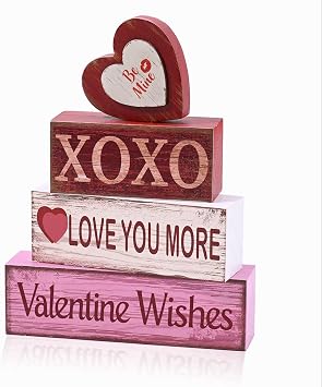 Valentines Day Decor,4 Pcs Pink Red Wood Decoration,Valentines Day Be Mine Tabletop Sign,Gift for Farmhouse Home Kitchen Wooden Hearts
