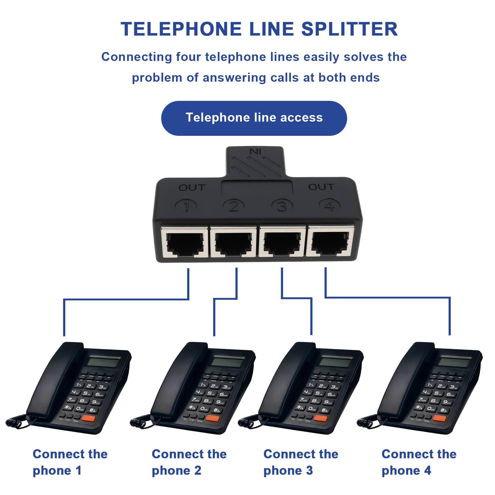 Acoplador Telefónico en Línea RJ11 Hembra A 4 Hembras 6P6C para Dispositivo de Fax Fijo (1 A 4) — view 3