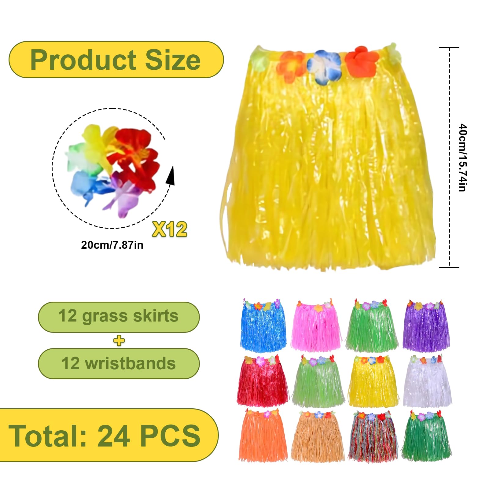 24 Pièces Hawaïenne Jupe en Herbe avec Bracelet, 40cm Hula Grass Set avec Leis Dance Dress, Élastiques de Luau avec Fleurs d'Hibiscus pour Hawaiian Aloha Beach Party Supplies