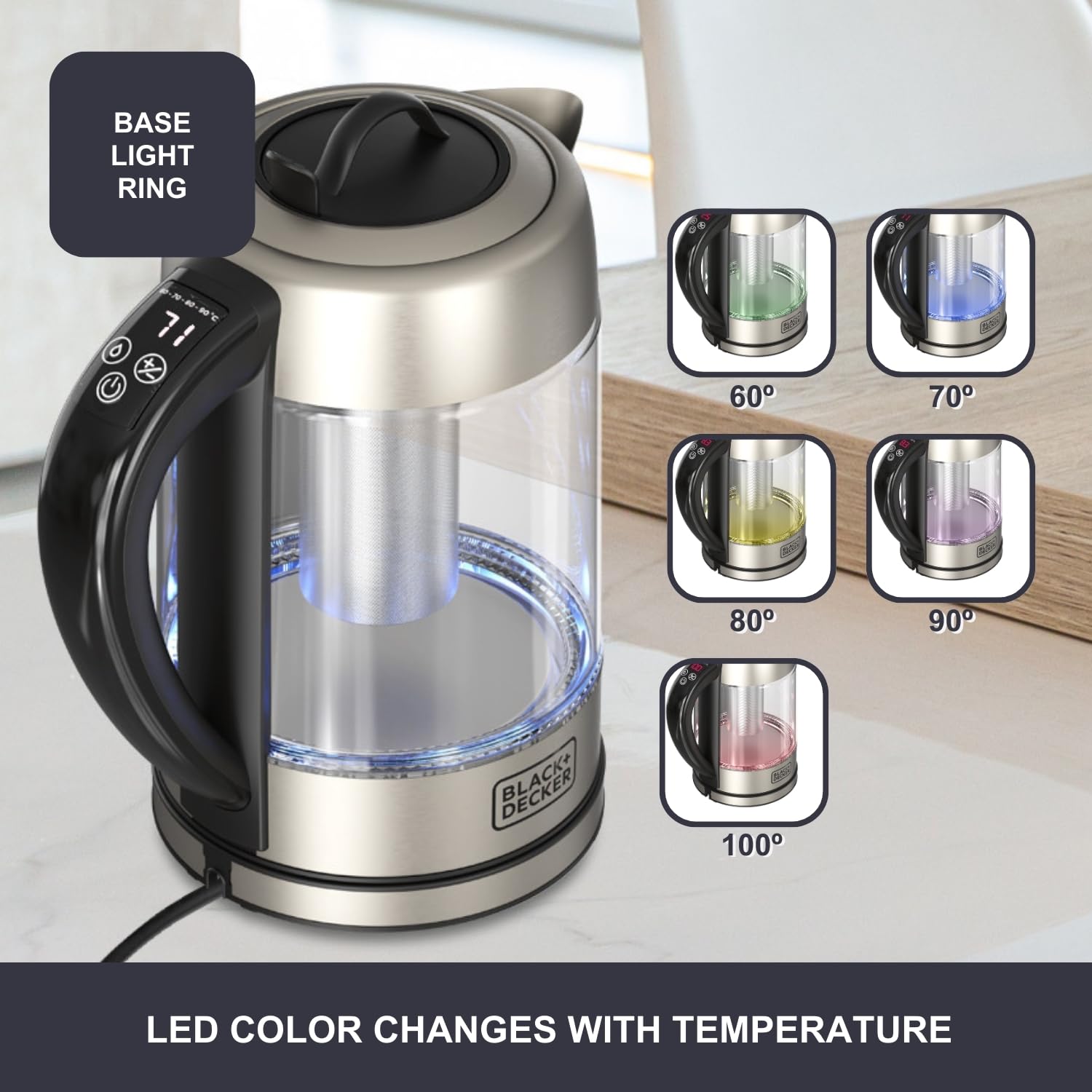 BLACK+DECKER - Czajnik elektryczny 2200 W | szklany dzbanek 1,7 l | szybkie gotowanie, cyfrowy selektor 60-100°C, światło LED, wyjmowany filtr ze stali nierdzewnej, obrót o 360°, szczelna pokrywa, bez