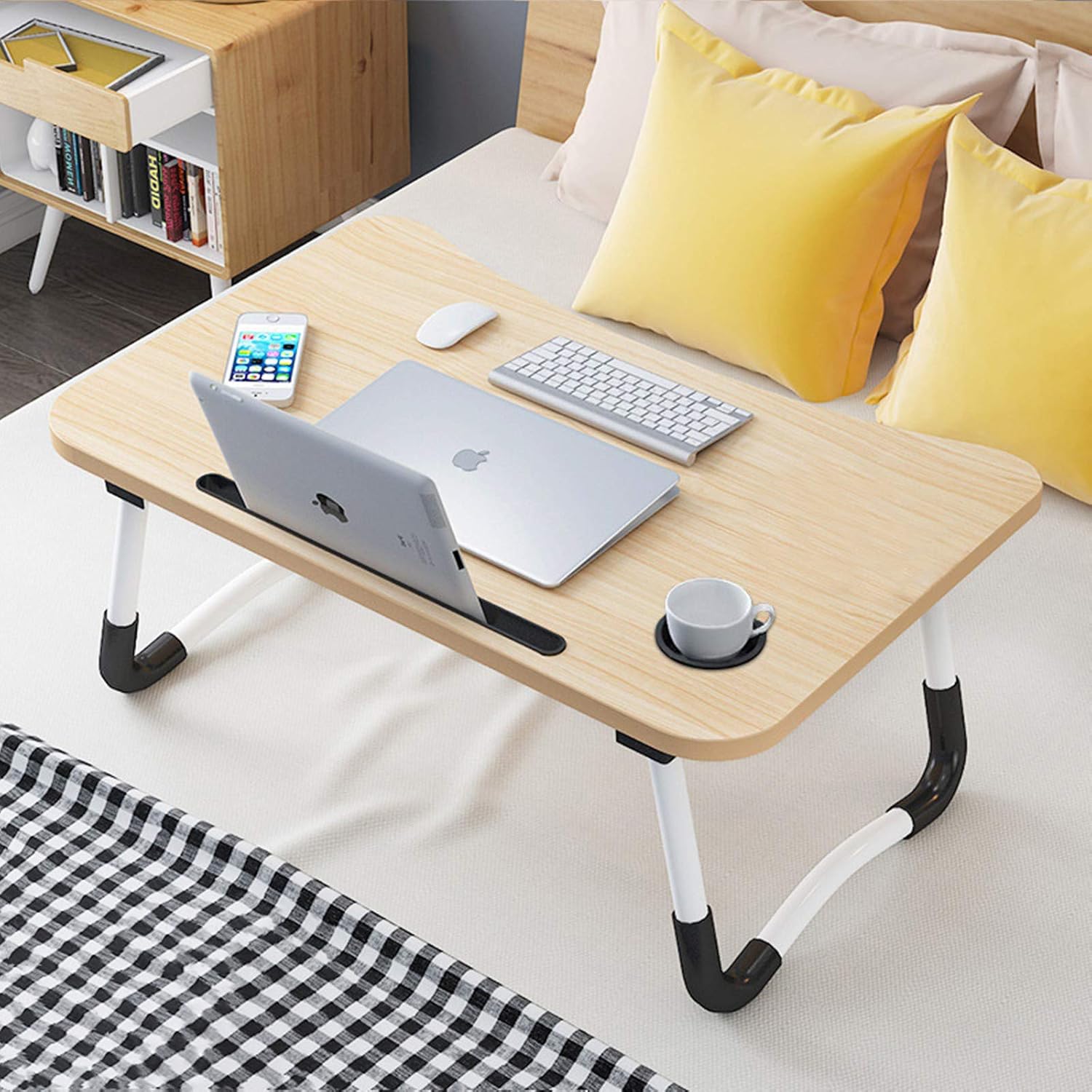 Laptop Desk Bed Tray,Foldable Lap Desk Bed Table for Breakfast Serving, Notebook Table with Tablet Slots for Couch Floor for Adults/Students/Kids - Beige