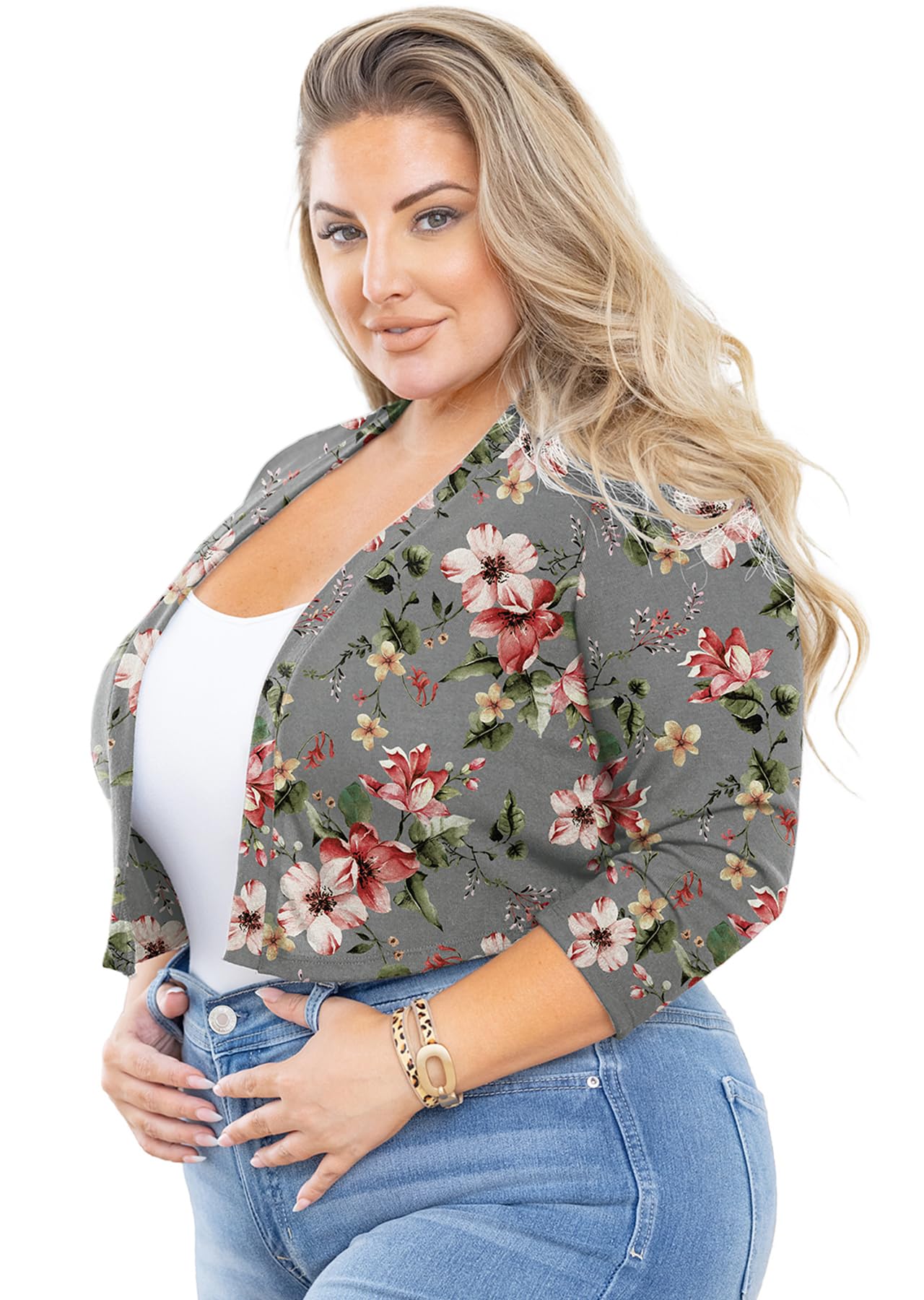 AusLook Women's Plus Size Shrug 3/4 Sleeve Lightweight Open Front Knit Cropped Bolero Cardigan Sweater 1X-5X
