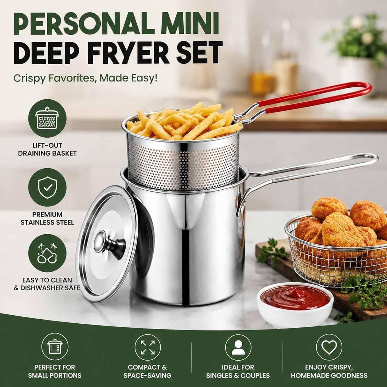 Set Mini Friggitrice Personale – Pentola in Acciaio Inox Con Cestello Scolapiatti Estraibile E Pinze Per Alimenti, Pentola Con Filtro Per L'olio E Cestello Per Friggere (5Pcs)