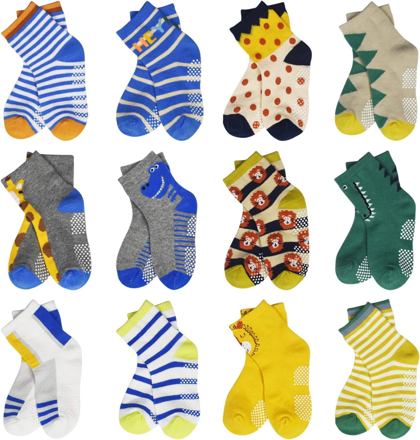 HYCLES Toddler Socks With Grip Non-Skid 12 Pairs Baby Kids Sticky Slipper Cotton Crew Socks 1-3/3-5/5-7T Children/Boy/Girl