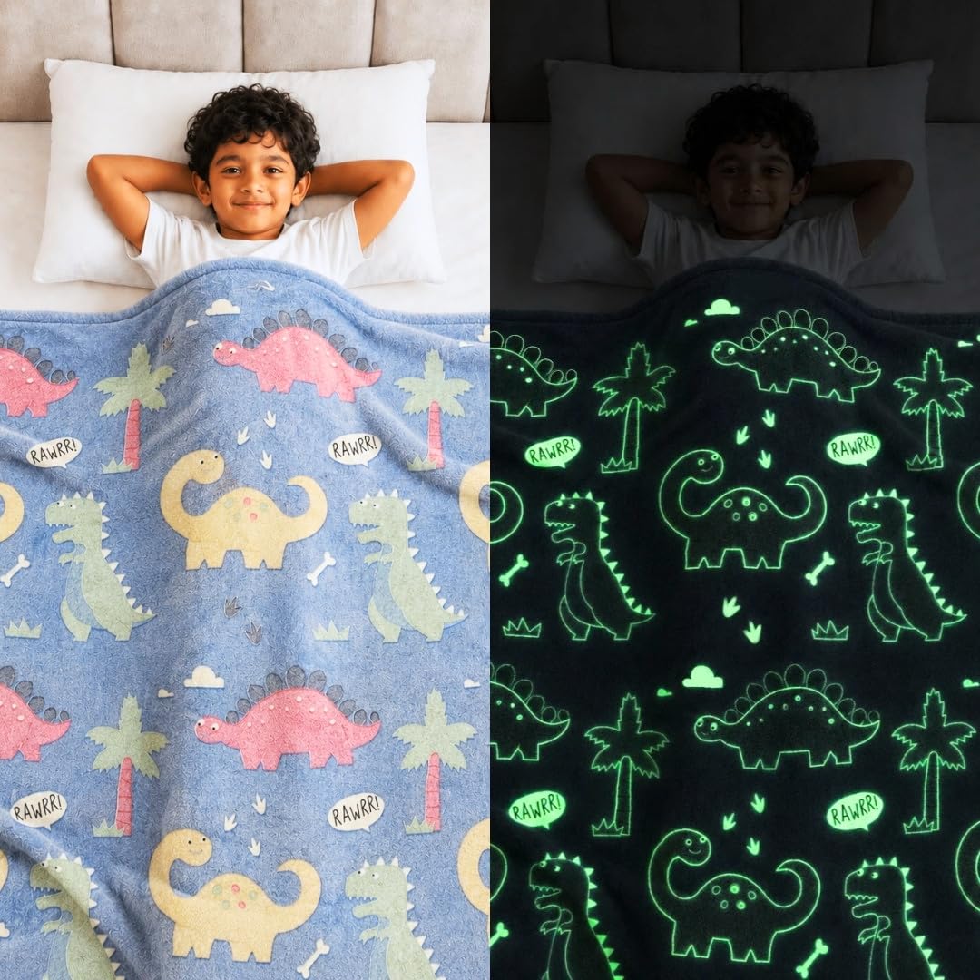 Famyo® Glow Blanket for Kids –Cute Dinosaur | Kids Blanket 0–15 Yrs | 200×152 cm Double Bed Blanket | Soft Flannel Blankets for Winter | Lab-Tested & Safe, (Blue)