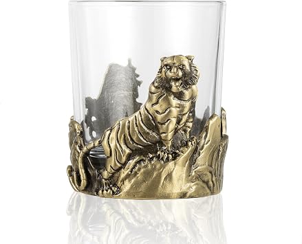 Tiger Shaped Metal Cup Holder with Glasses, Desk Drink Holder and Desk Decor and Craft Ornament for Home Office Burnished Gold