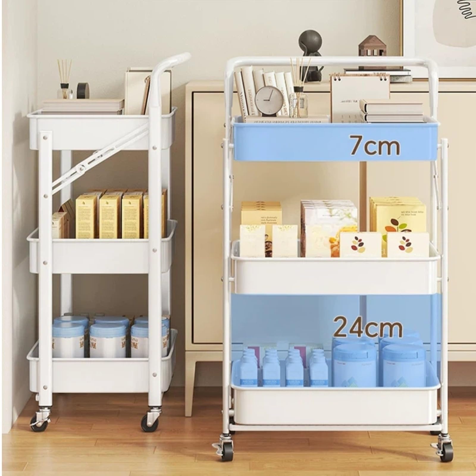 Carro utilitario Plegable de 3 Niveles, Estante Almacenamiento móvil, Organizador for Varias Habitaciones Carro Utilitario(Negro)
