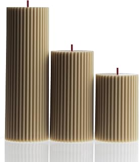 LAWA Roman Handmade Tall Ribbed Pillar Candle - Beautiful Scented Soy Wax Dinner Candle | Classic Aesthetic Decoration Set | Housewarming Gift | Home Room Shelf Decor Idea - Olive Beige (Set of 3)