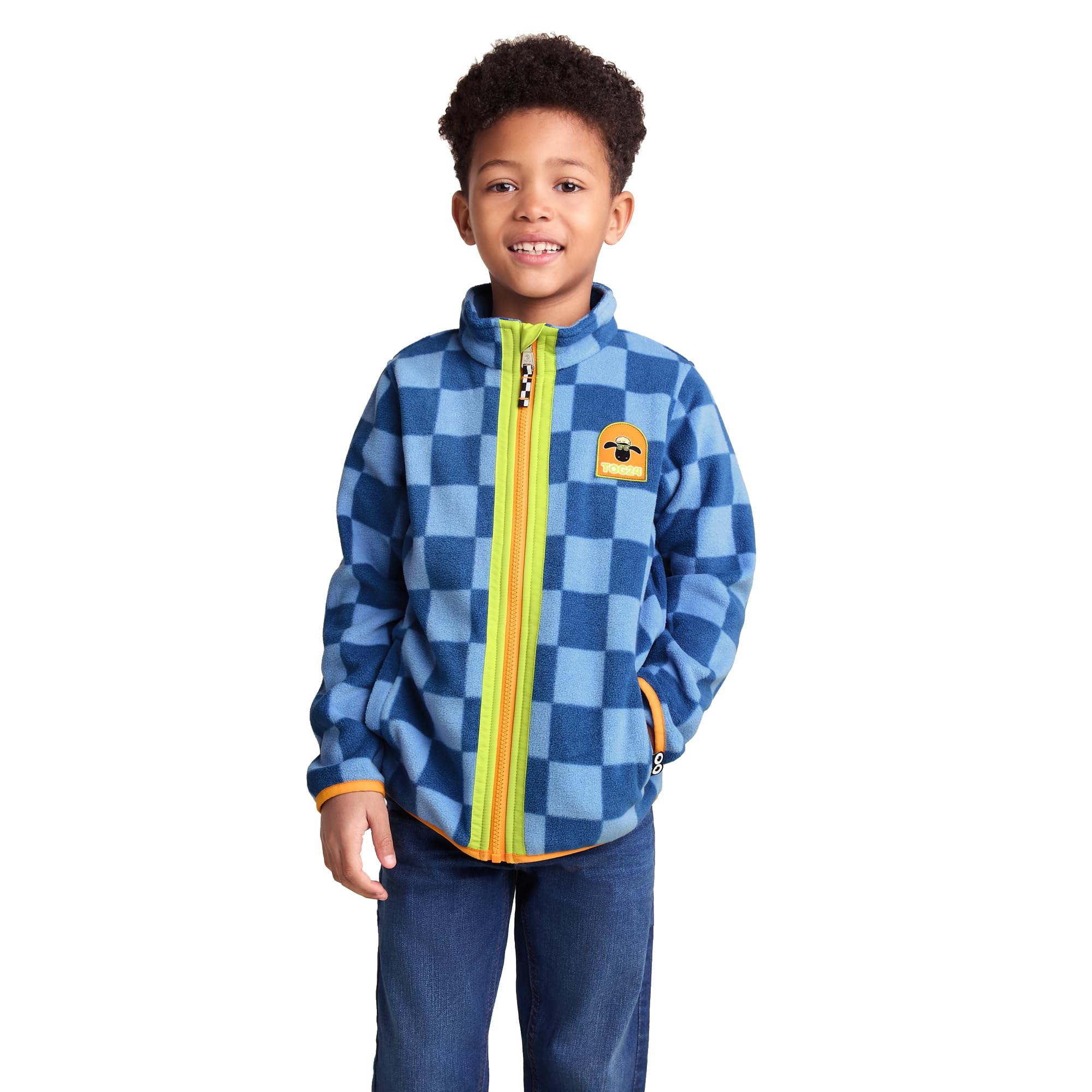 Tog24 Unisex Kids Bluebell/Night Blue Checkerboard Lacaune Kids Fleece Jacket, Shaun The Sheep Childrens Microfleece, Lightweight, Warm, Zip Up Kids Fleece Jacket